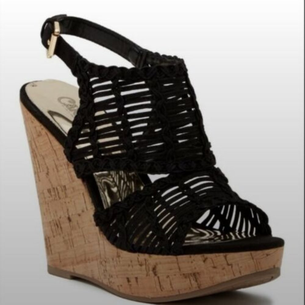 Carlos Santana Bellini Black peep toe cork  platform wedge sandals SIZE 8
